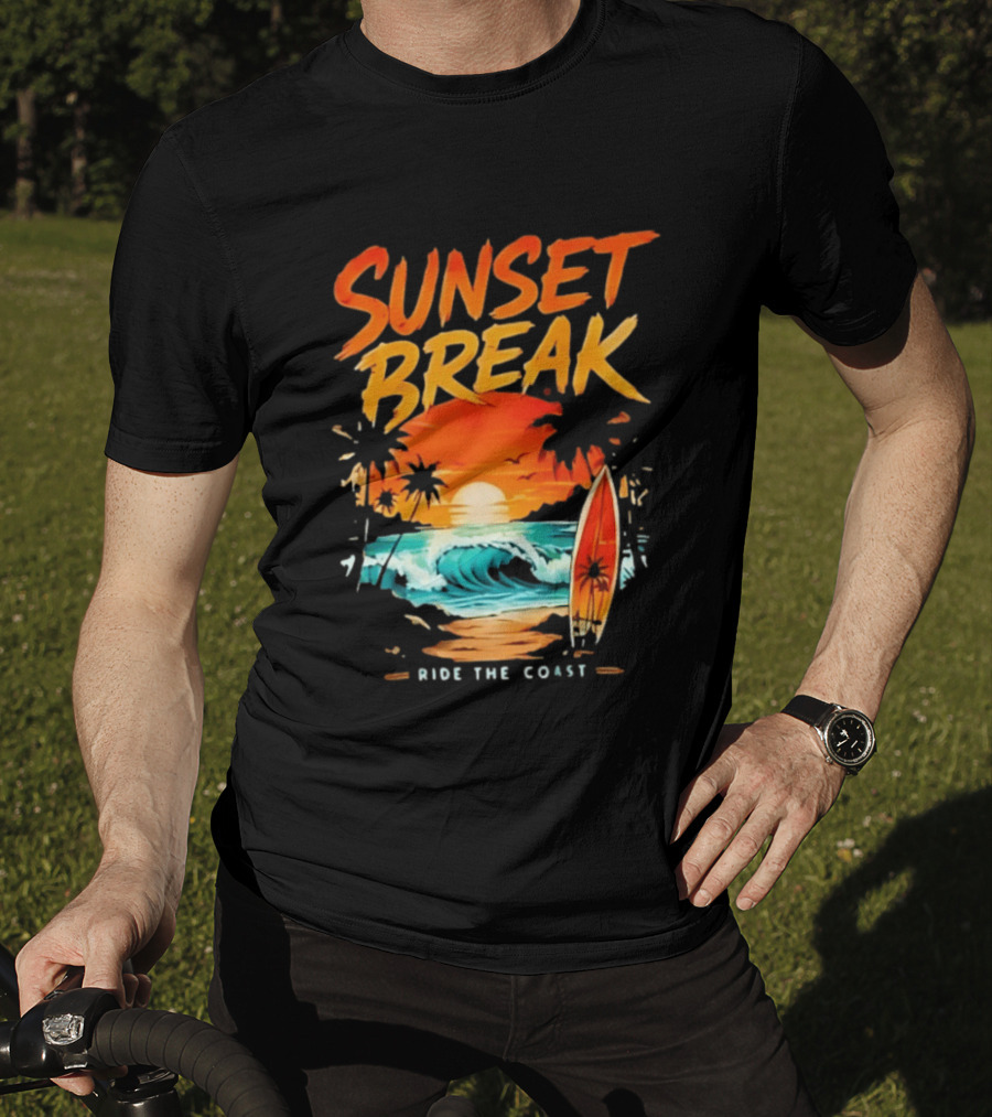 Sunset Break Surfing Ride The Coast Ocean Waves And Surfboard Scene T-Shirt