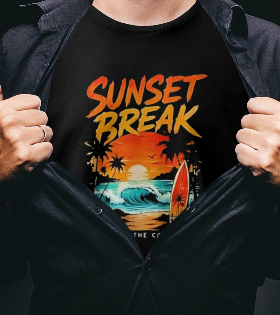 Sunset Break Surfing Ride The Coast Ocean Waves And Surfboard Scene T-Shirt