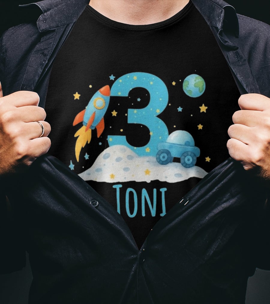 3rd Birthday Space Rocket Planet Personalized Toni T-Shirt