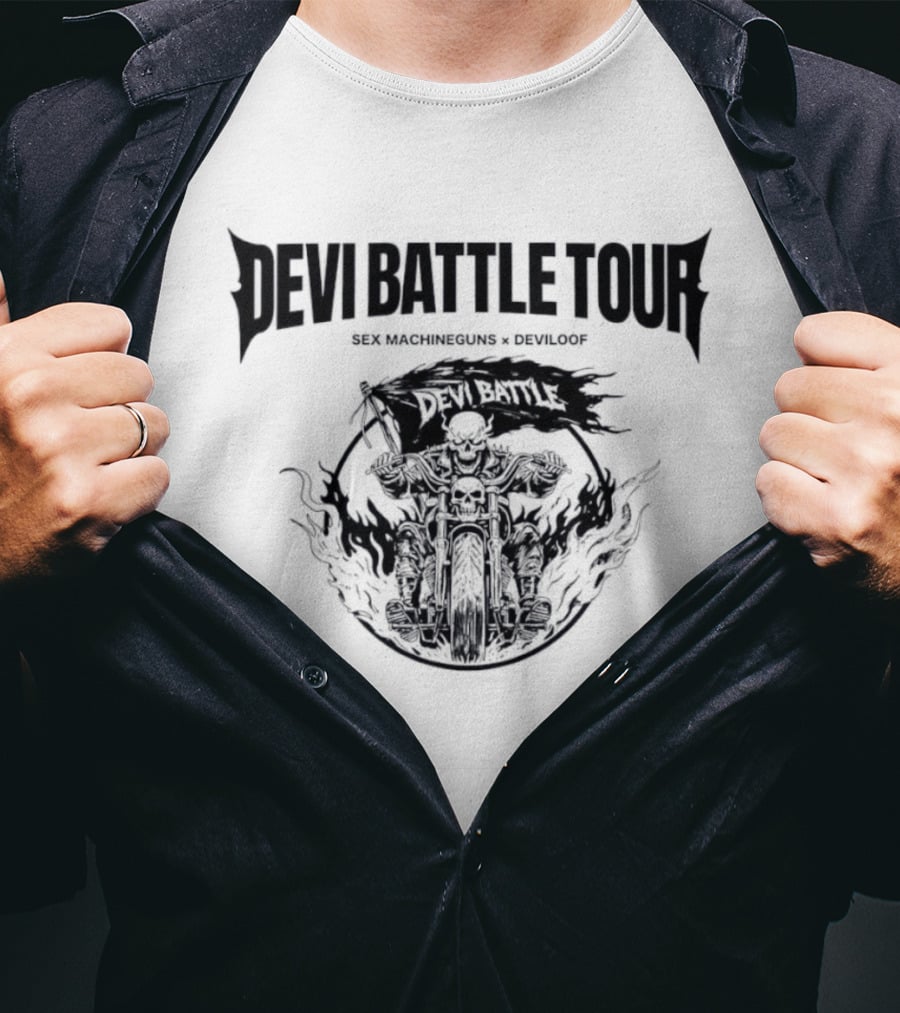 Devi Battle Tour Sex Machineguns X Deviloof Skull Motorcycle T-Shirt
