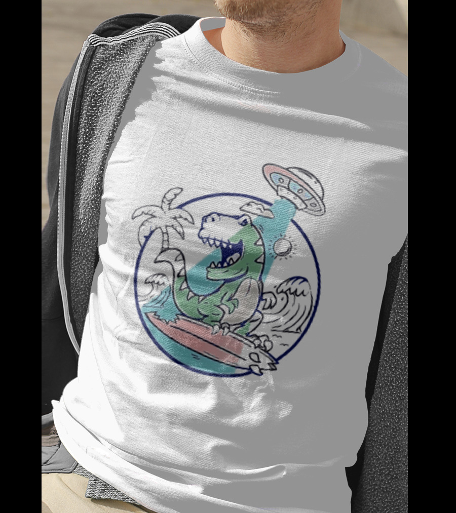 UFO Surfing Dinosaur With Palm Trees And Waves T-Shirt