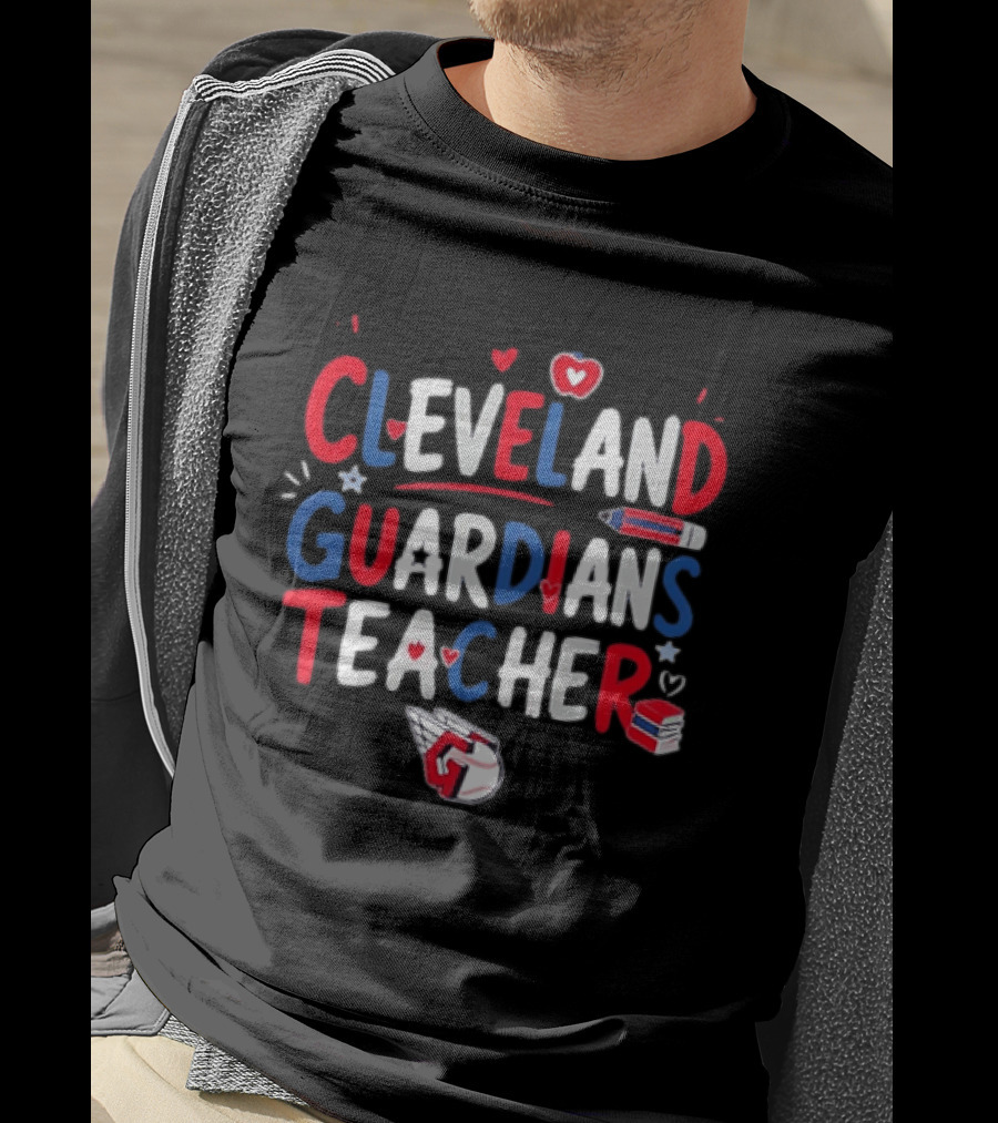 Cleveland Guardians Teacher Apple Pencil Baseball Heart Stars T-Shirt