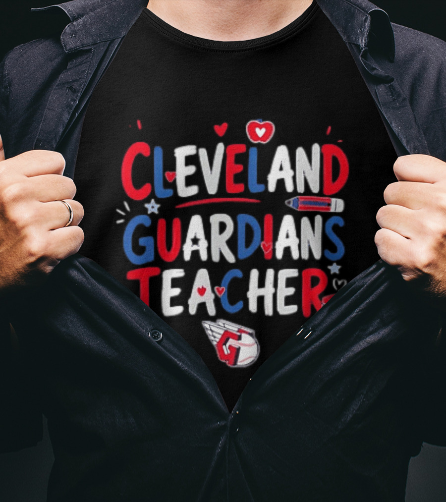 Cleveland Guardians Teacher Apple Pencil Baseball Heart Stars T-Shirt