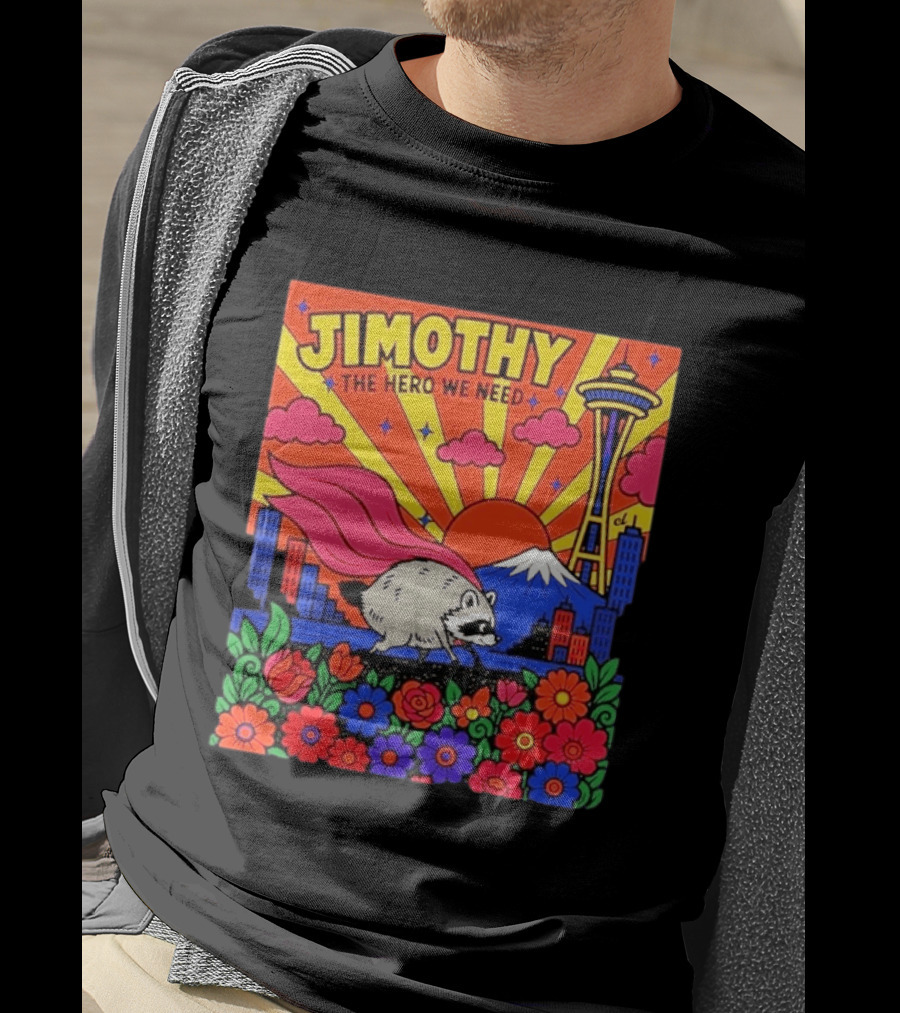 Jimothy The Hero We Need Seattle Skyline Floral Raccoon Superhero T-Shirt