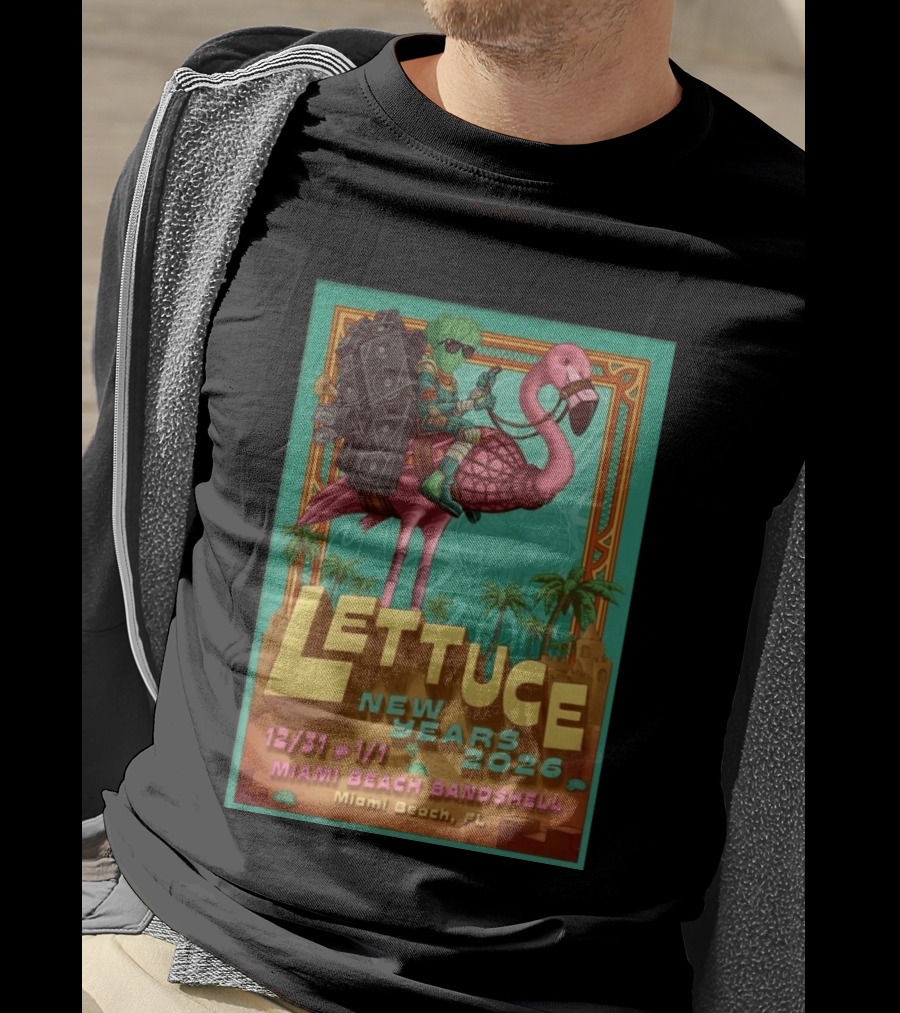 Lettuce New Years 2026 Miami Beach Bandshell Miami Beach FL With Sunglasses Flamingo And Speakers T-Shirt