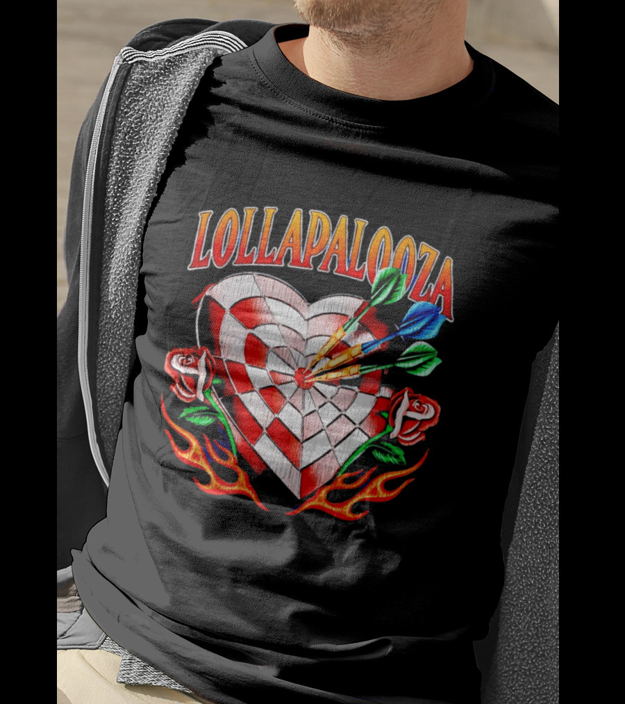 Lollapalooza Heart Dartboard With Roses And Flames T-Shirt
