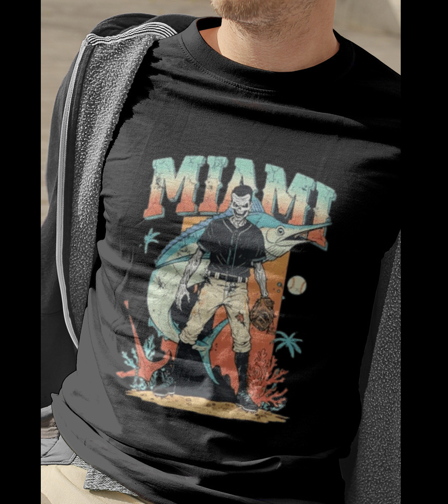 Miami Marlins Skeleton Baseball Player With Marlin And Tropical Vibes T-Shirt