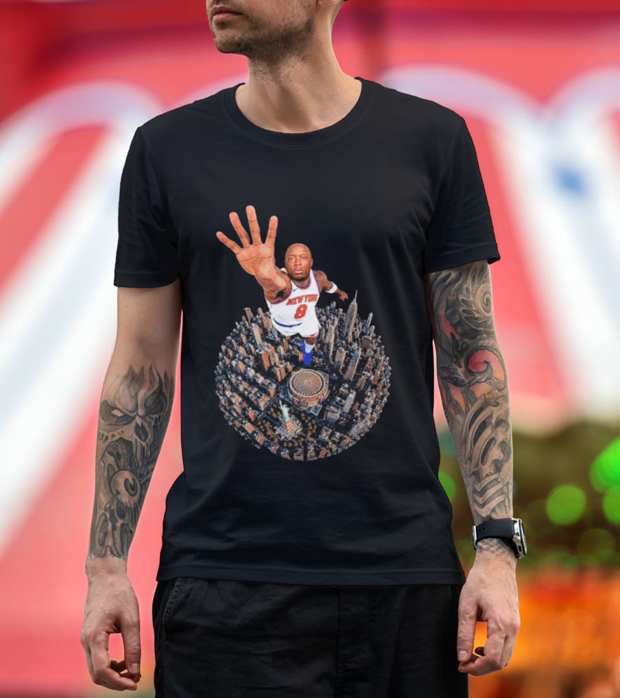 New York Basketball Player Over Cityscape Statue At Madison Square Garden T-Shirt