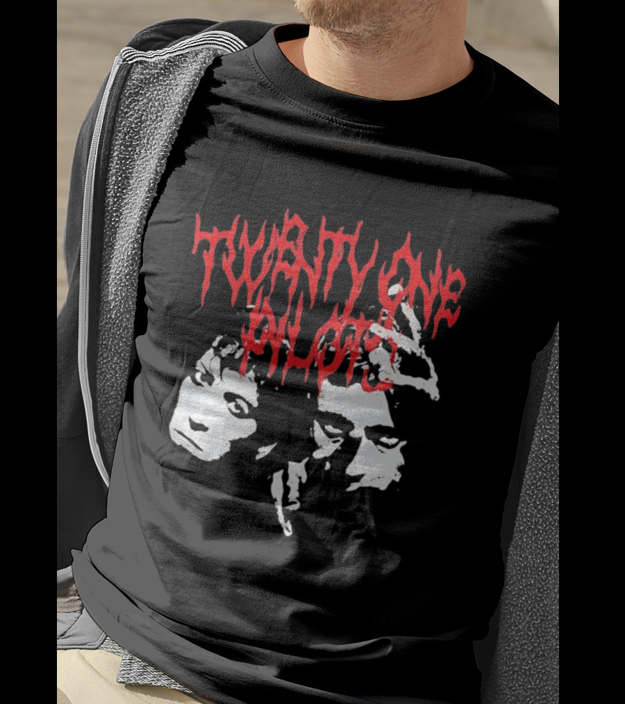 Twenty One Pilots Red Text Band Members Faces Dark Metal T-Shirt