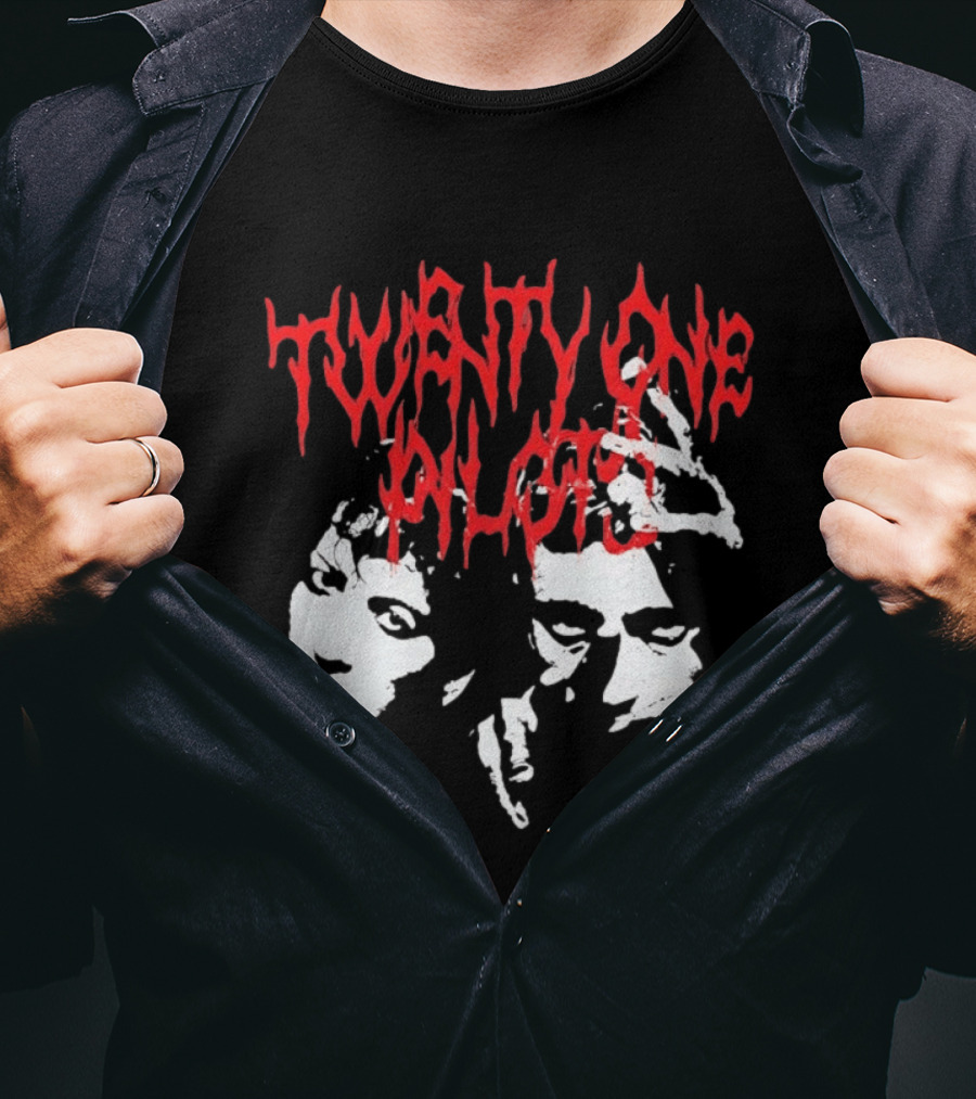 Twenty One Pilots Red Text Band Members Faces Dark Metal T-Shirt