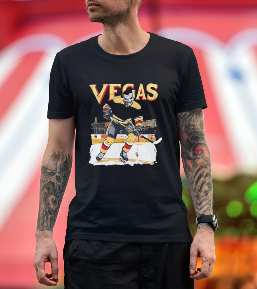 Vegas Hockey Skull Ice Arena Skyline Scene T-Shirt
