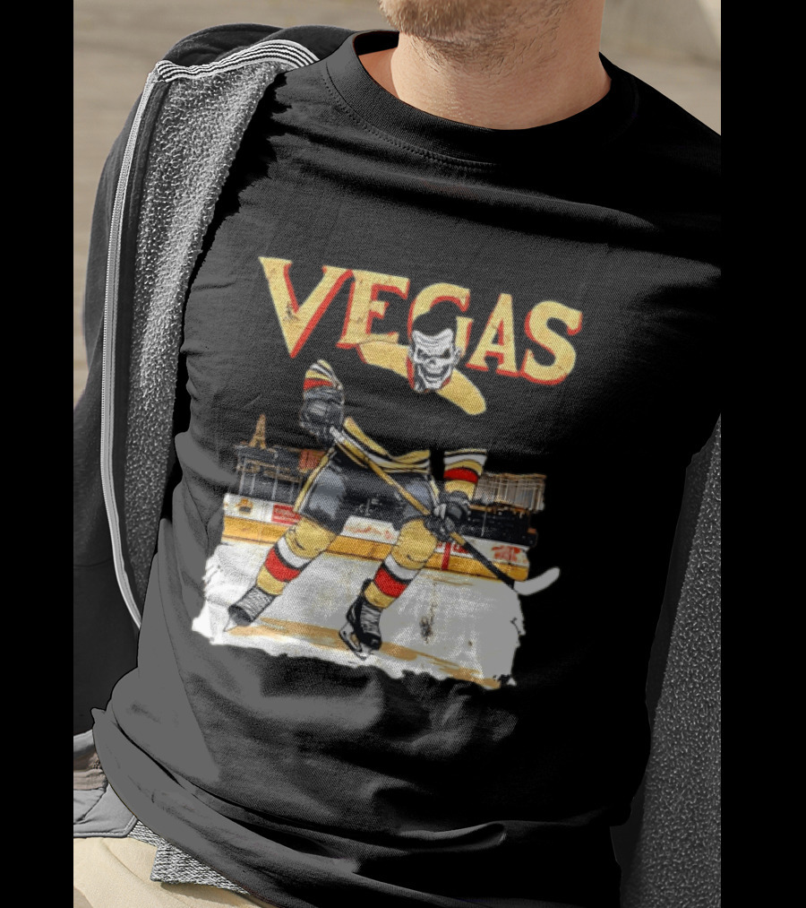 Vegas Hockey Skull Ice Arena Skyline Scene T-Shirt