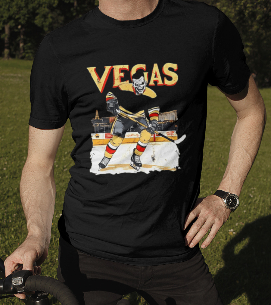 Vegas Hockey Skull Ice Arena Skyline Scene T-Shirt