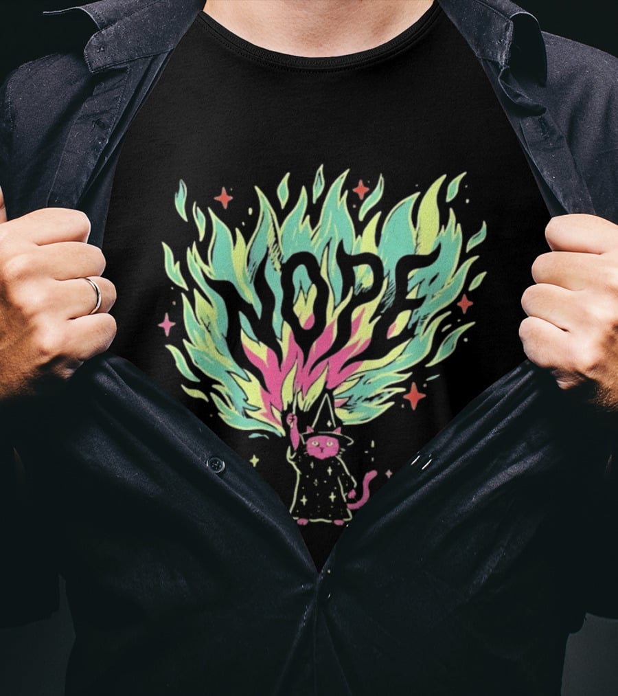 NOPE Wizard Cat Fire Magic Spell Casting Mystical Fantasy Kitten T-Shirt