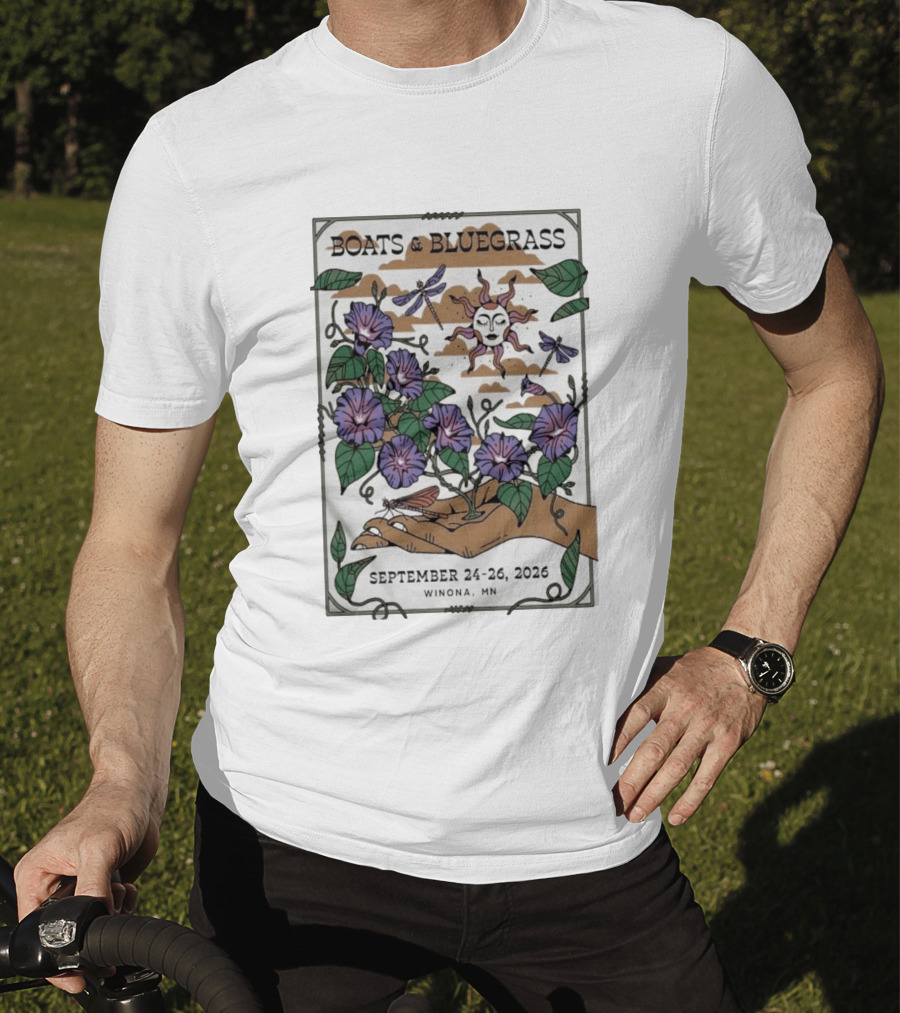 Boats And Bluegrass Winona MN September 24 26 2026 Sun Dragonflies Flowers Music Festival T-Shirt