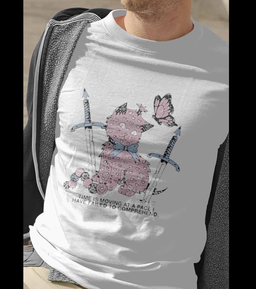 Pink Cat Butterfly Swords Time Is Moving At A Pace I Have Failed To Comprehend T-Shirt