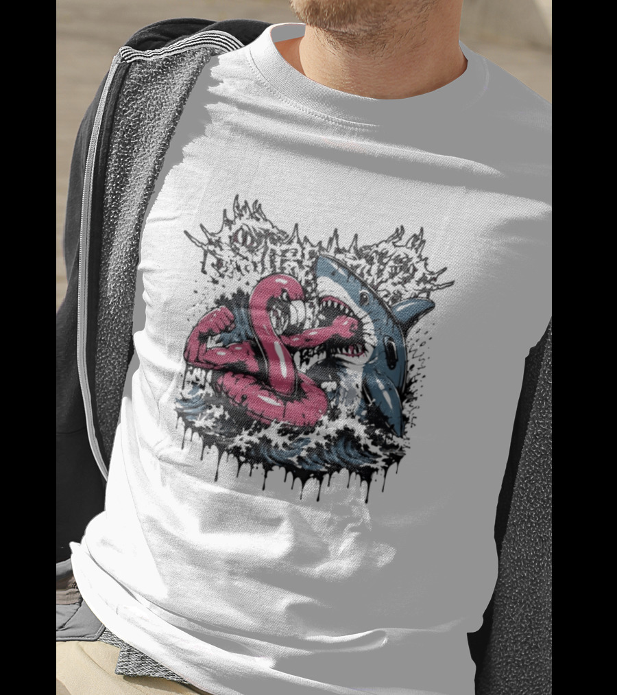 Flamingo Float Shark Fight Waves Duel T-Shirt