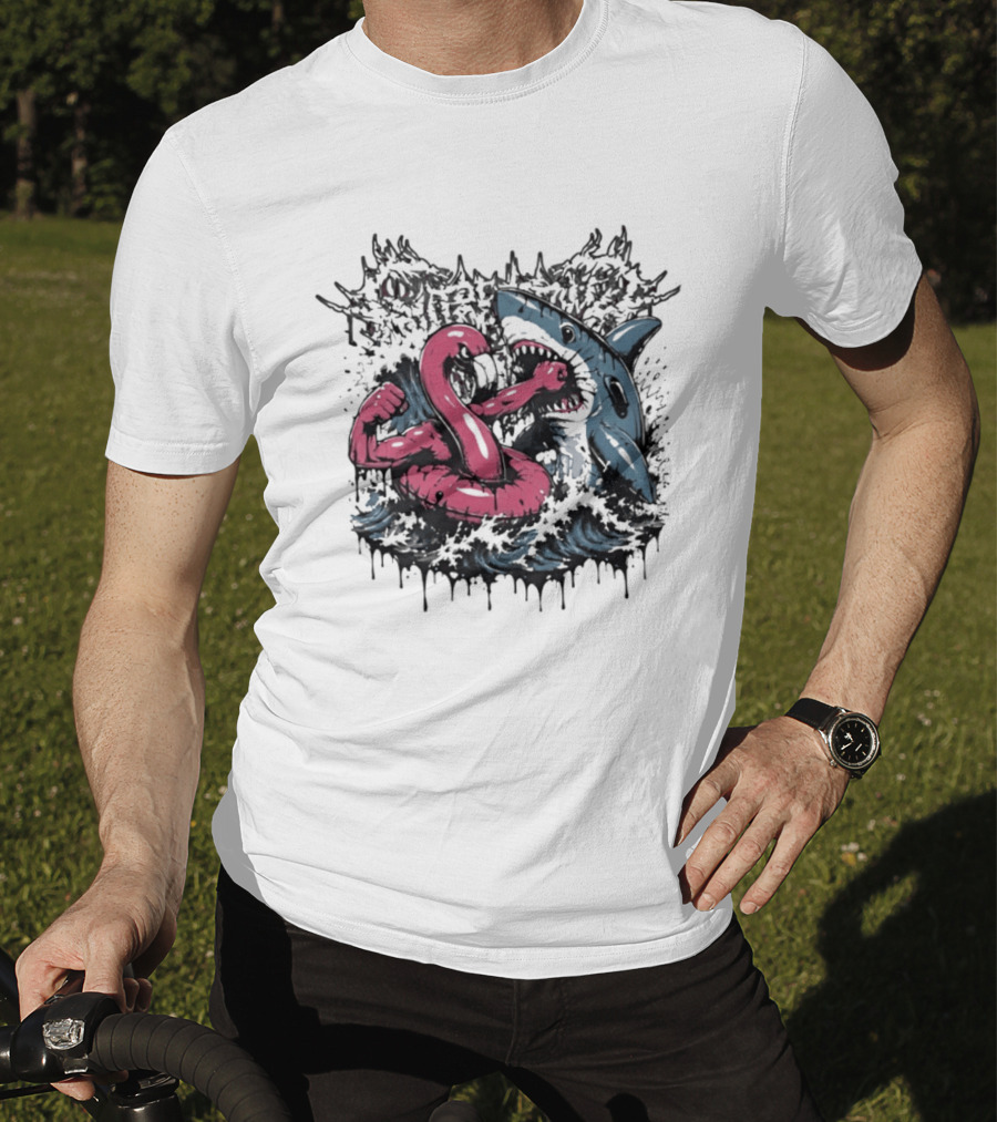 Flamingo Float Shark Fight Waves Duel T-Shirt