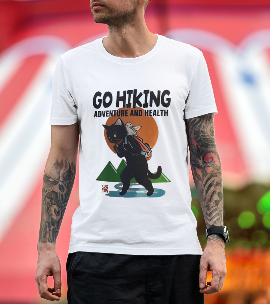Go Hiking Adventure And Health Black Cat With Backpack And Bird T-Shirt