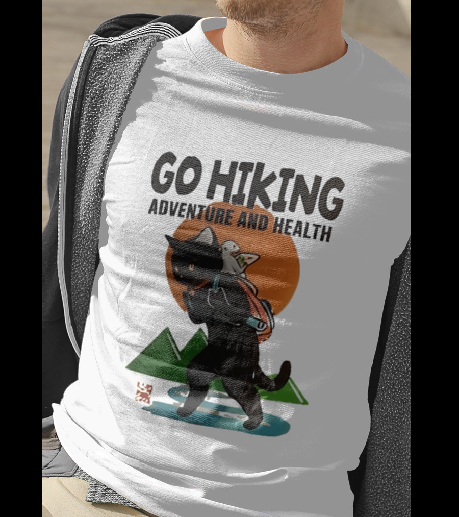 Go Hiking Adventure And Health Black Cat With Backpack And Bird T-Shirt