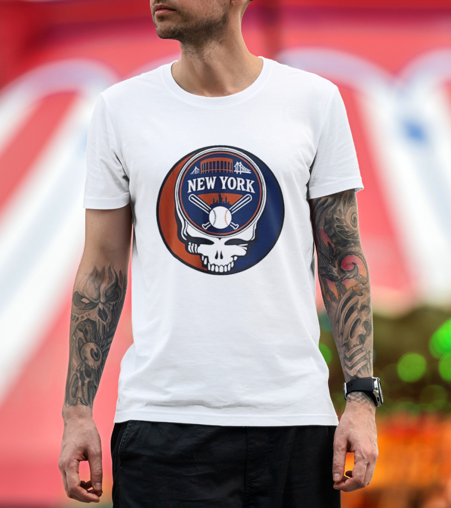 New York Mets Grateful Dead Skull Baseball Orange Blue Stadium T-Shirt