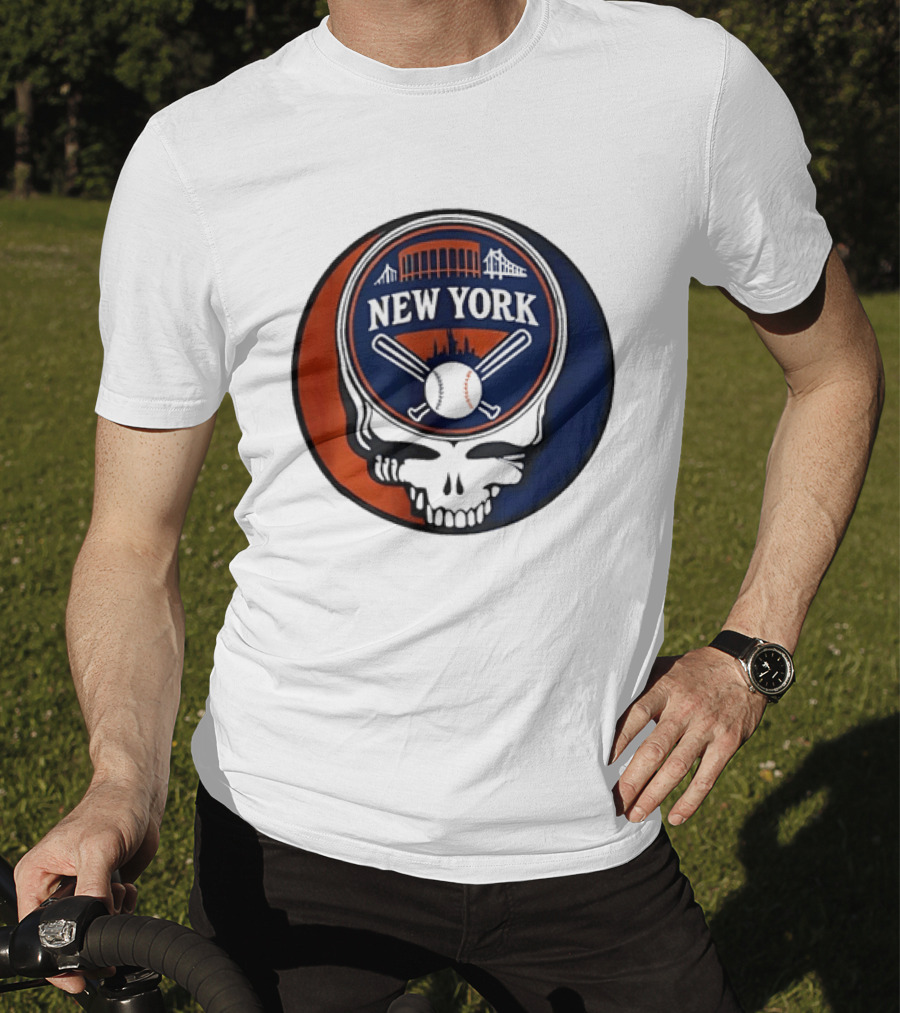 New York Mets Grateful Dead Skull Baseball Orange Blue Stadium T-Shirt