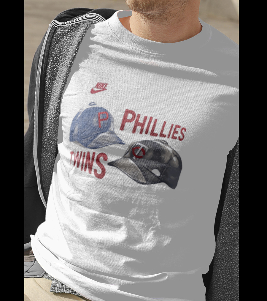 Philadelphia Phillies P Baseball Cap And Minnesota Twins TC Hat Iconic Collaboration With Retro Nike Swoosh T-Shirt