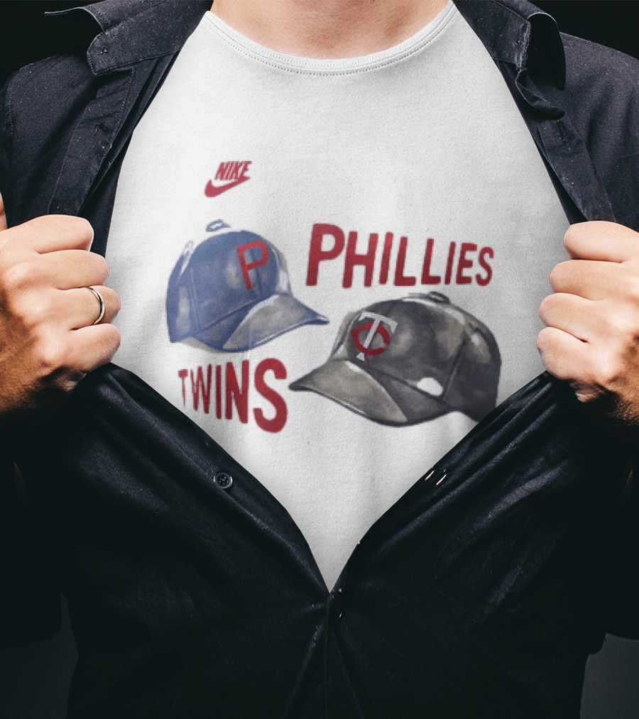 Philadelphia Phillies P Baseball Cap And Minnesota Twins TC Hat Iconic Collaboration With Retro Nike Swoosh T-Shirt