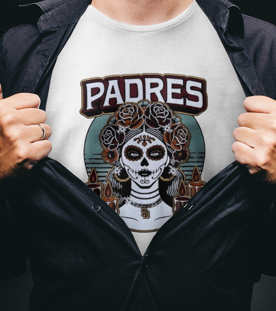 Padres Sugar Skull Woman With SD Pendant And Candles T-Shirt