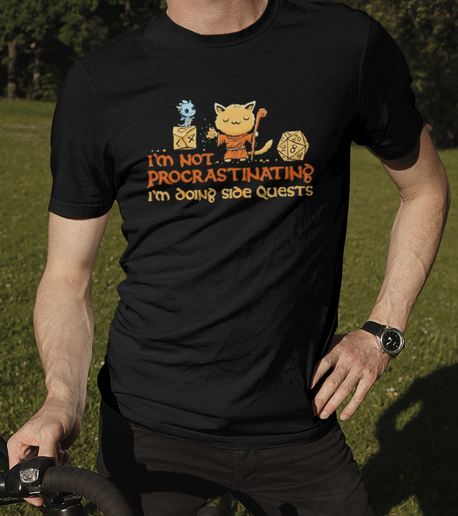 I'm Not Procrastinating I'm Doing Side Quests Cat Wizard Magic Adventure T-Shirt