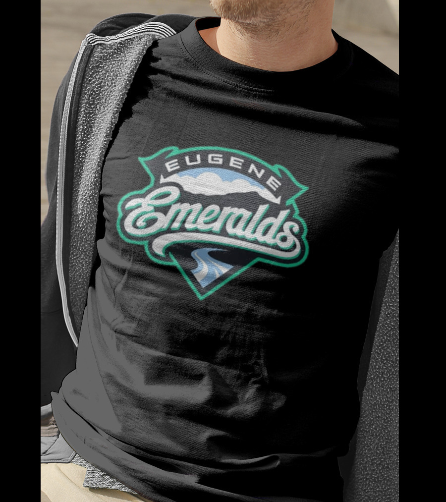 Eugene Emeralds Baseball Team Green Crest With Mountains And River Motif T-Shirt