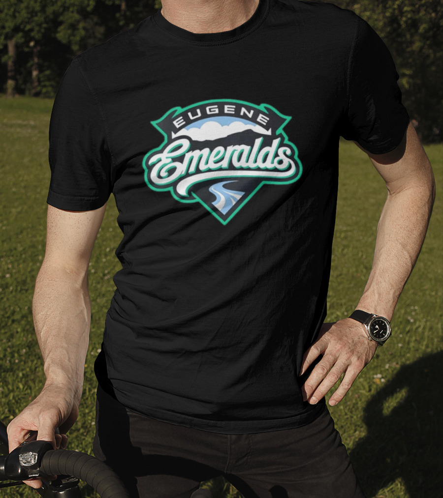 Eugene Emeralds Baseball Team Green Crest With Mountains And River Motif T-Shirt