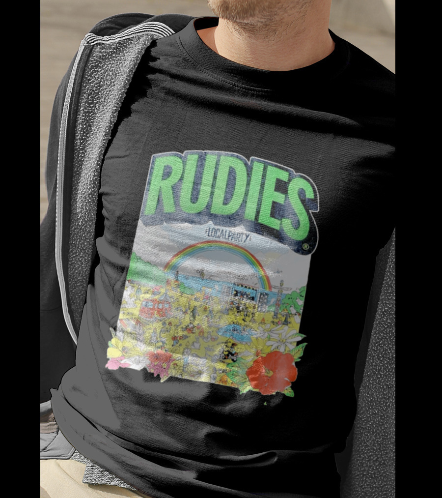Rudie's 35th Anniversary Local Party Featuring 10 Feet G Freak Factory Dustboz Colorful Celebration With Rainbow And Flowers T-Shirt