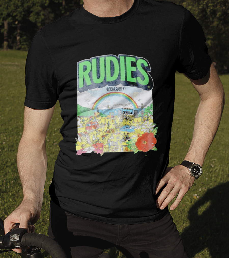 Rudie's 35th Anniversary Local Party Featuring 10 Feet G Freak Factory Dustboz Colorful Celebration With Rainbow And Flowers T-Shirt