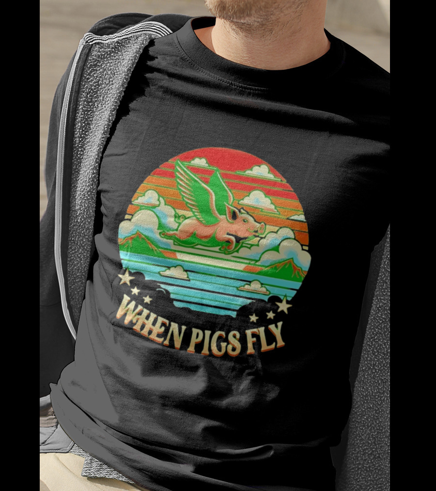 When Pigs Fly Flying Pig Whimsical Clouds And Stars T-Shirt