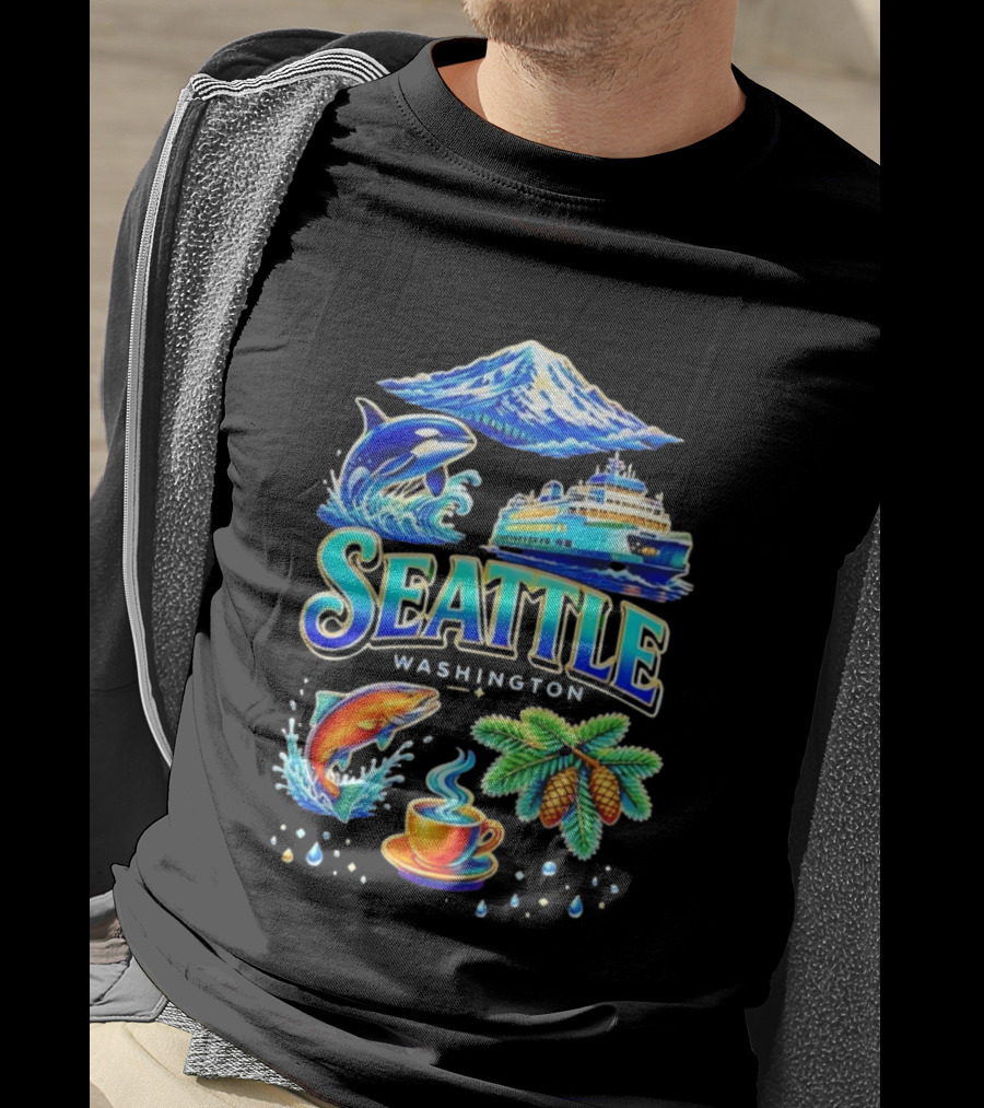 Seattle Washington Orca Whale Ferry Salmon Coffee Pine Cones Mount Rainier T-Shirt