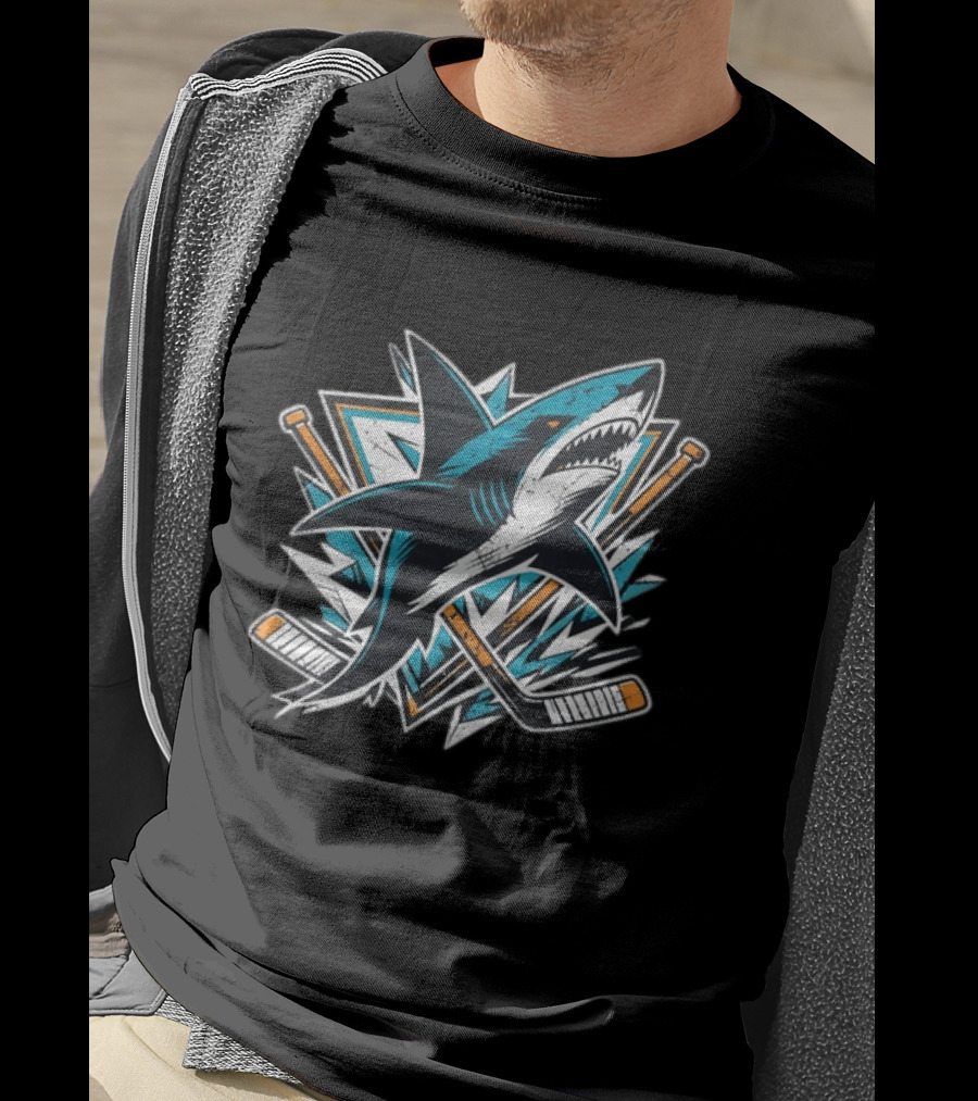 San Jose Sharks Hockey Attack Emblem With Shark And Crossed Hockey Sticks T-Shirt