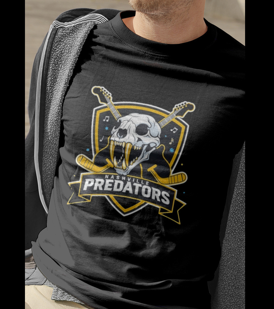 Nashville Predators Hockey Skull With Guitars And Music Notes T-Shirt
