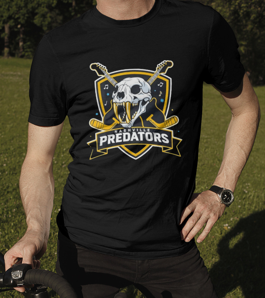 Nashville Predators Hockey Skull With Guitars And Music Notes T-Shirt