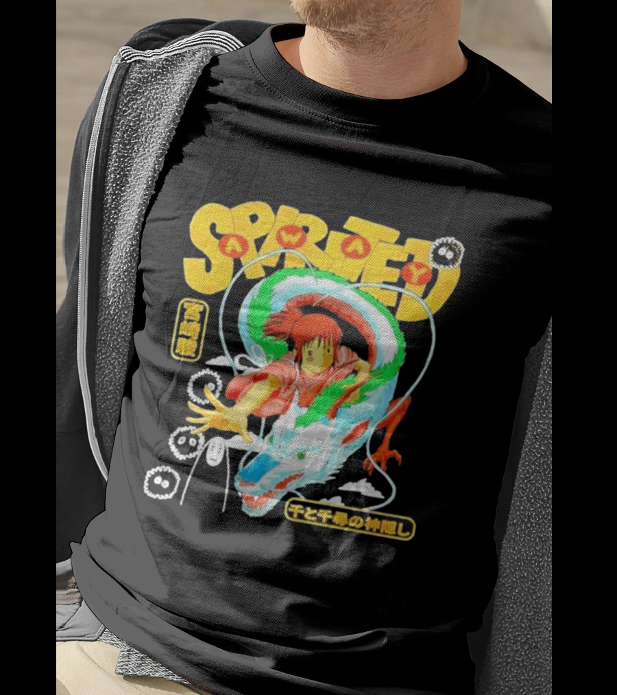 Spirited Away Chihiro Riding Haku Dragon Japanese Text No Face Soot Sprites T-Shirt