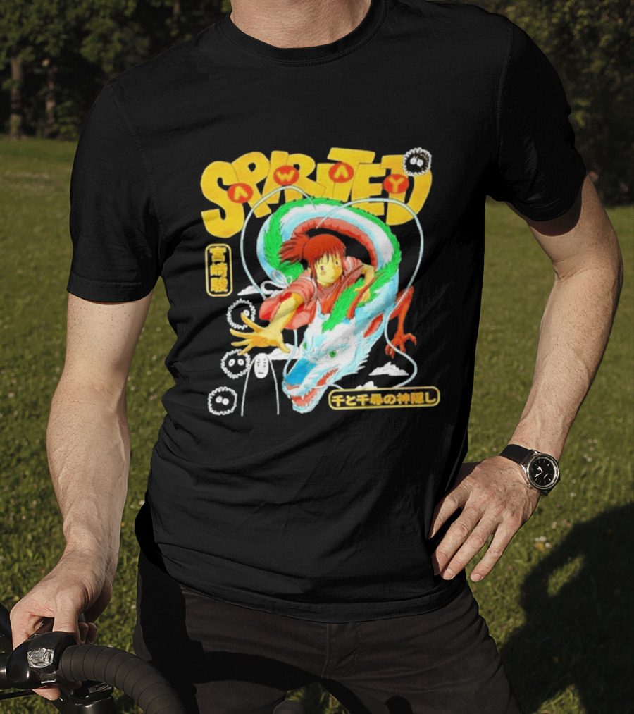 Spirited Away Chihiro Riding Haku Dragon Japanese Text No Face Soot Sprites T-Shirt