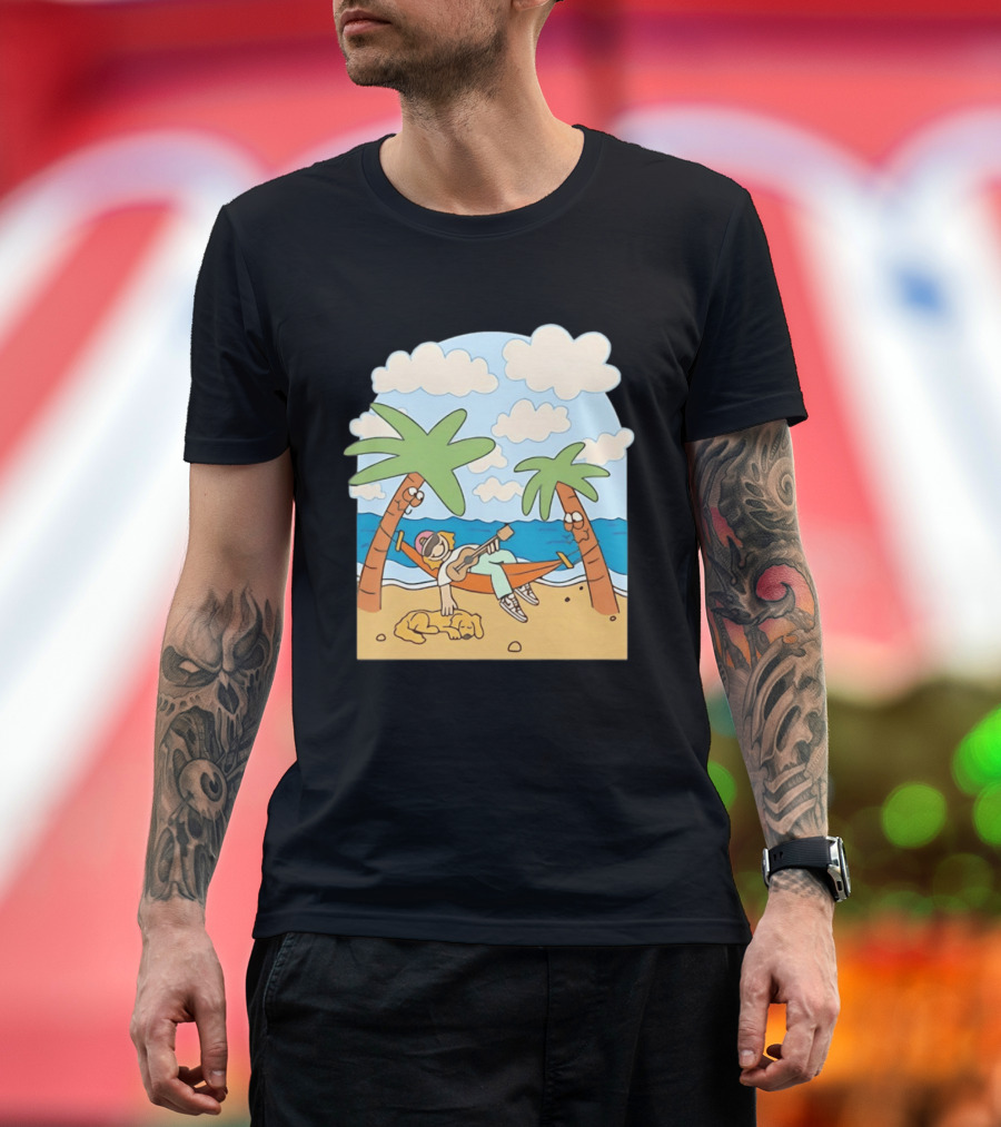 Hammock Guitar Player With Sleeping Dog On Tropical Beach Scene T-Shirt