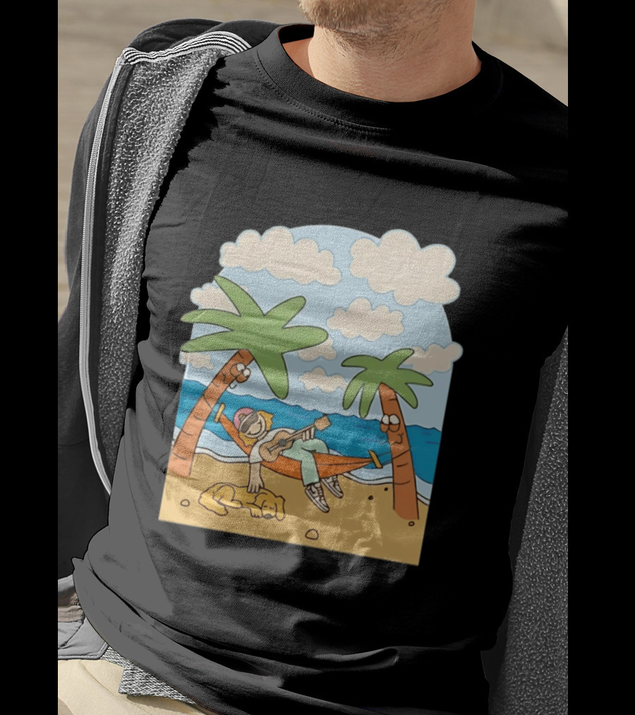 Hammock Guitar Player With Sleeping Dog On Tropical Beach Scene T-Shirt