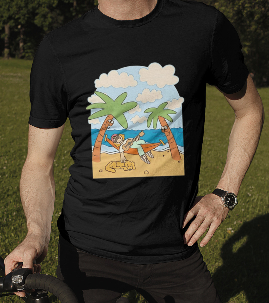 Hammock Guitar Player With Sleeping Dog On Tropical Beach Scene T-Shirt