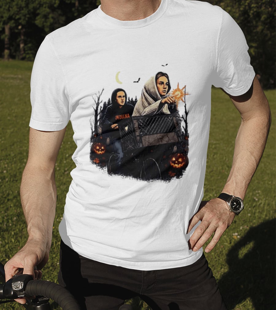 Caitlin Clark Stranger Things Indiana Halloween Bicycle Moon Pumpkin Glow Finger T-Shirt