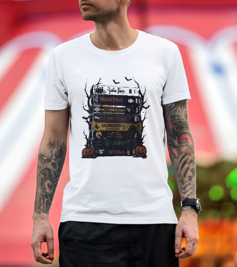 The Addams Family Hocus Pocus Beetlejuice Halloweentown Halloween II The Nightmare Before Christmas Goosebumps The Witches VHS Stack T-Shirt