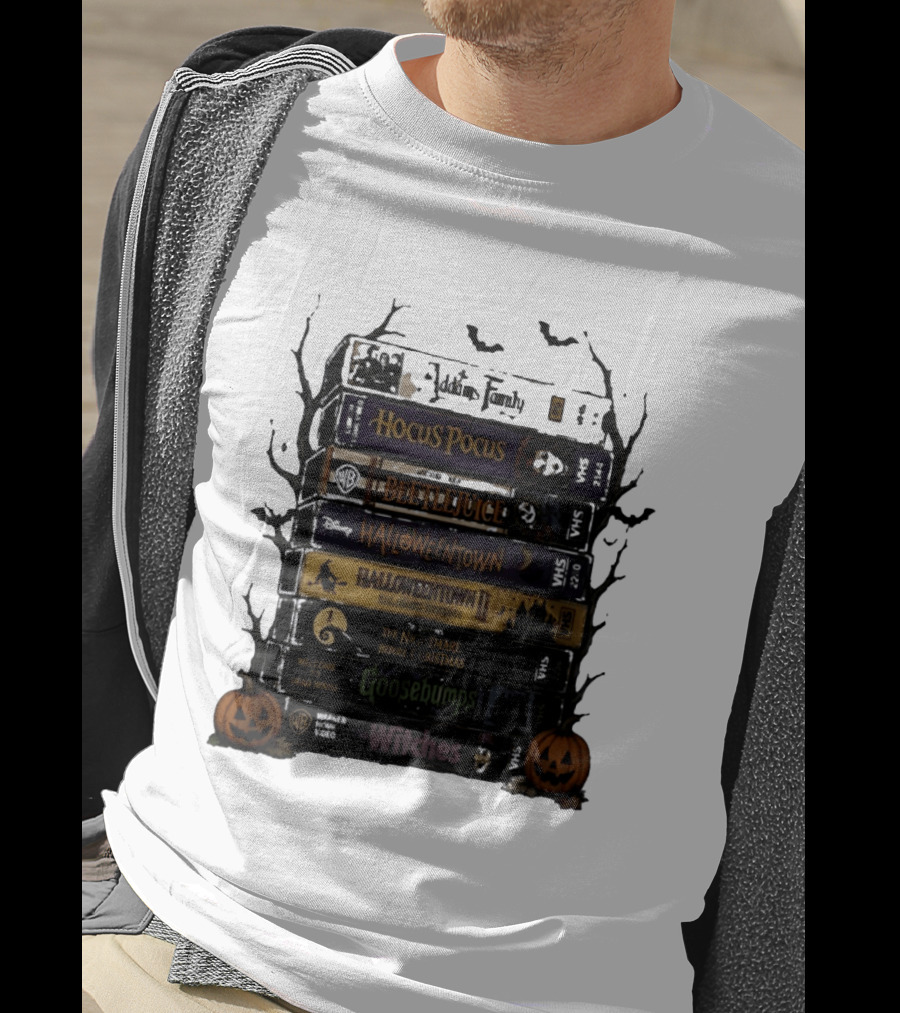 The Addams Family Hocus Pocus Beetlejuice Halloweentown Halloween II The Nightmare Before Christmas Goosebumps The Witches VHS Stack T-Shirt
