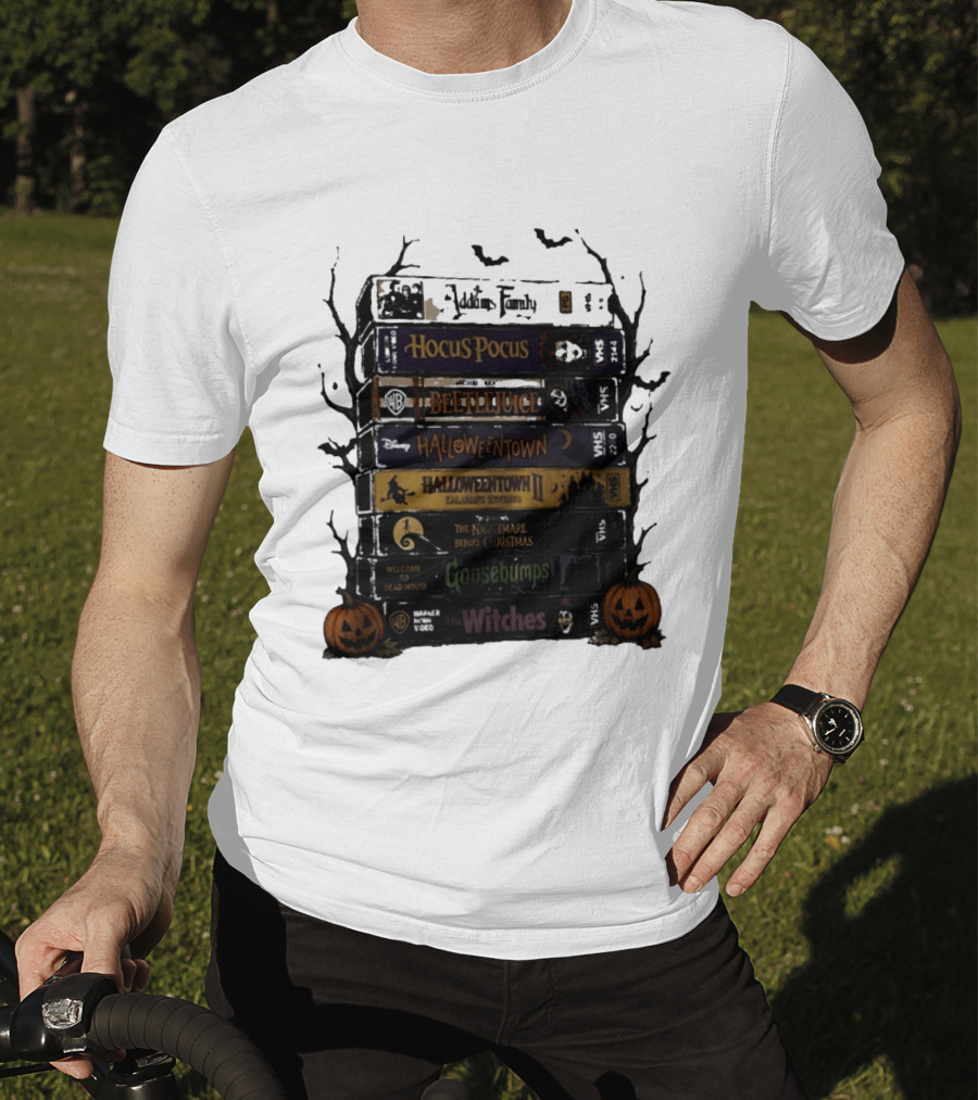 The Addams Family Hocus Pocus Beetlejuice Halloweentown Halloween II The Nightmare Before Christmas Goosebumps The Witches VHS Stack T-Shirt