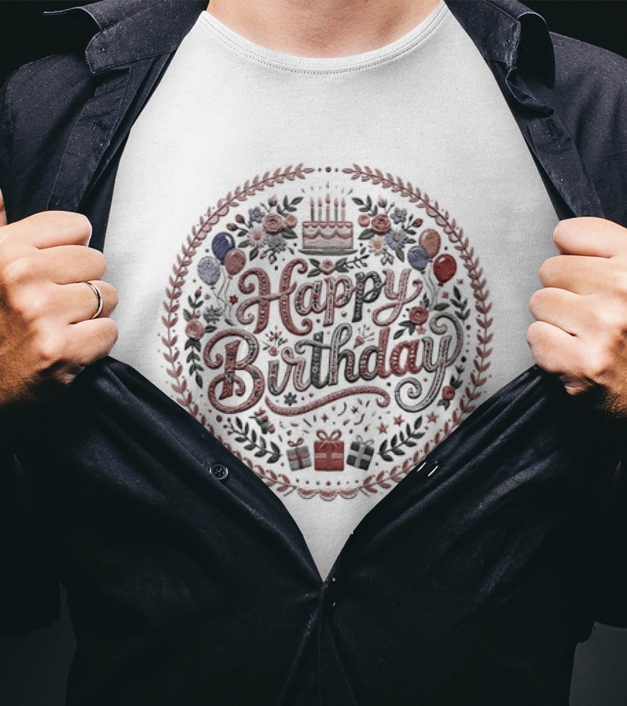 Happy Birthday Cake Balloons Wreath Celebration T-Shirt