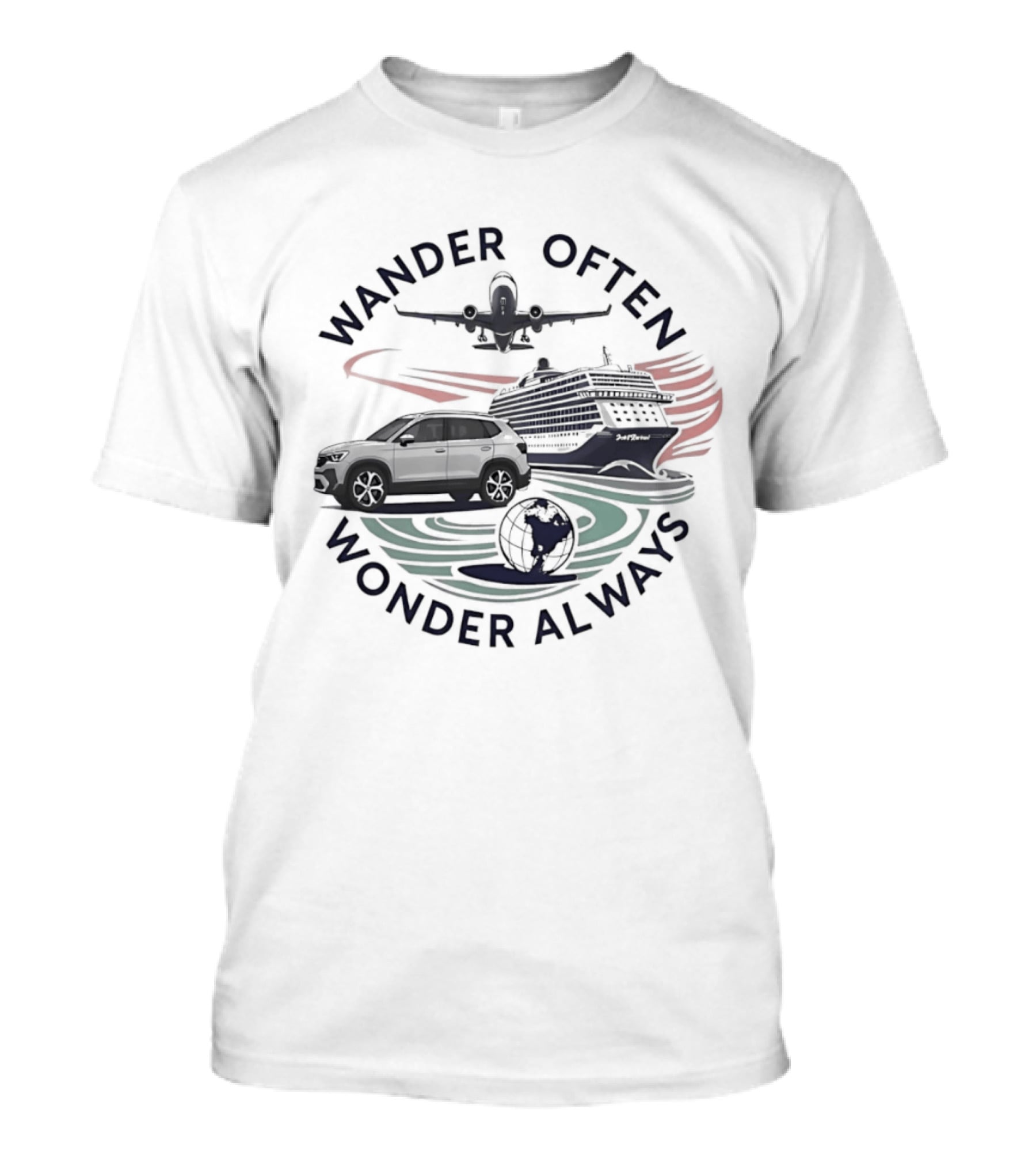 Wander Often Wonder Always Plane Car Ship Travel Adventure T-Shirt